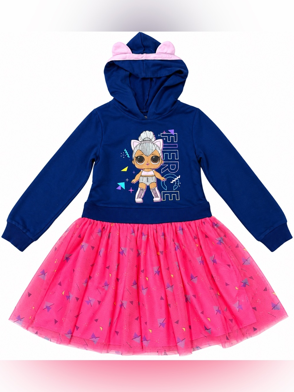 LOL Surprise Girls Fierce Hoodie Tulle Dress Navy Pink Cat Ears Size 7/8